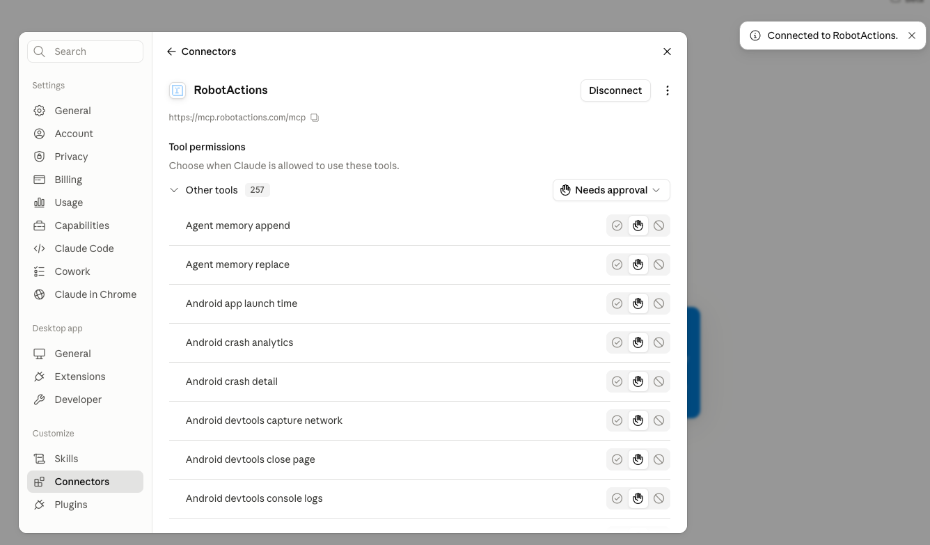 RobotActions connected in Claude — the device tools are now available to your agent.
